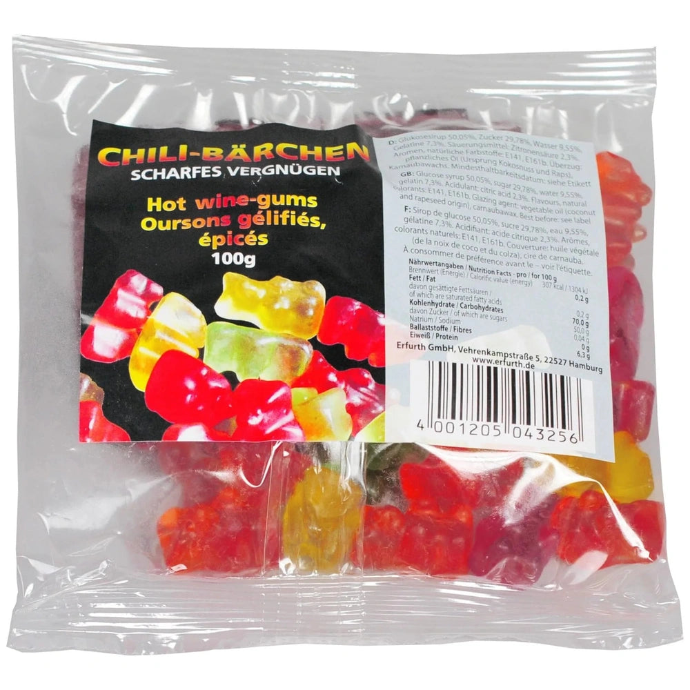 Erfurth Funny Spicy Gummy Bears in transparent packaging, featuring colorful gummies and text about flavors and ingredients.