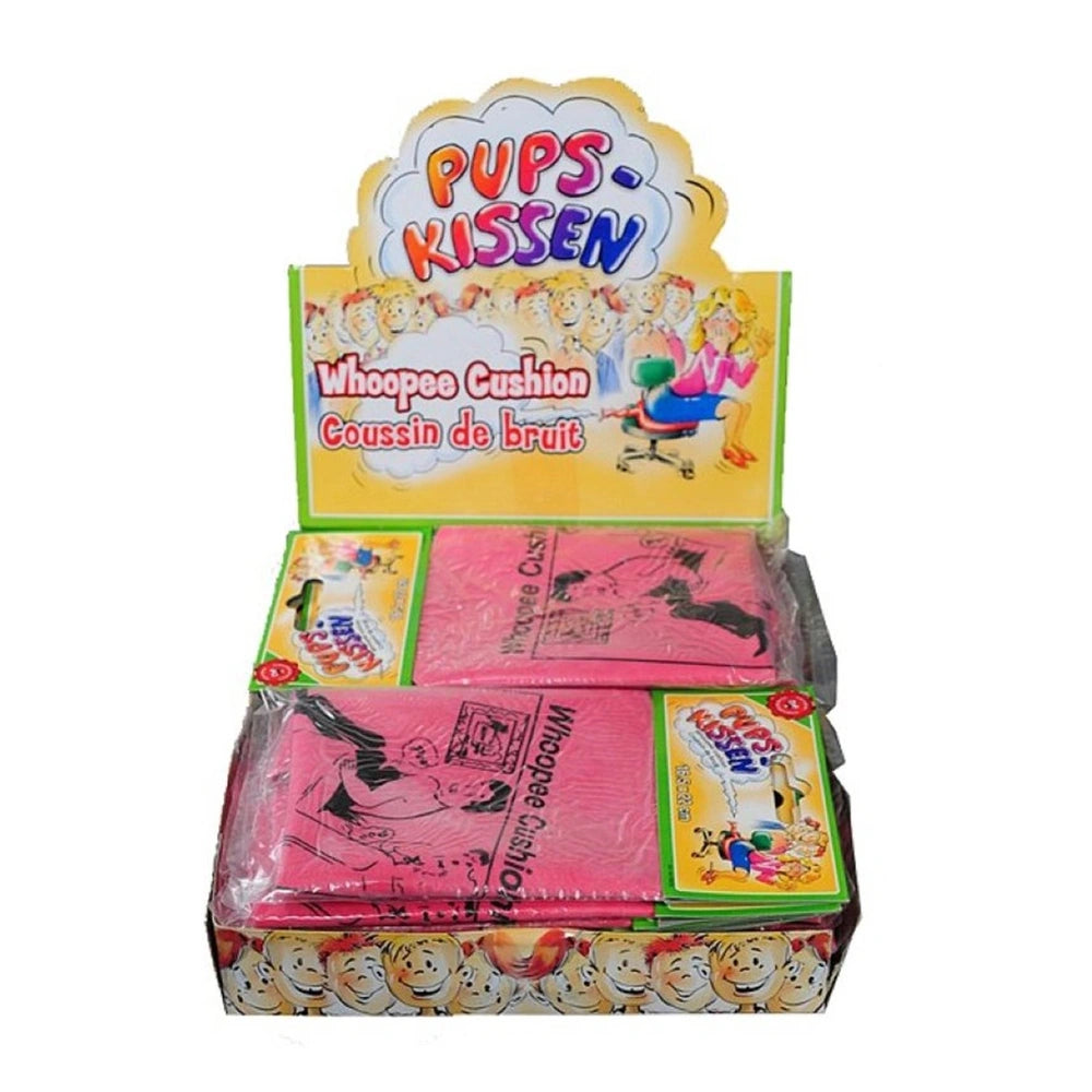 Erfurth Petophone Noisy Pillow features pink, green, and blue cushions in glossy yellow retail packaging with playful text.