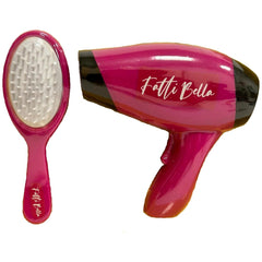 Fatti Bella hair stylist set featuring a pink hairbrush and a pink and black hairdryer with "FATTI BELLA" text.