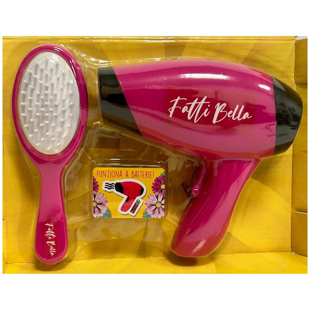 Fatti Bella hair stylist set features a pink styling tool, a pink and white brush, and vibrant yellow packaging.