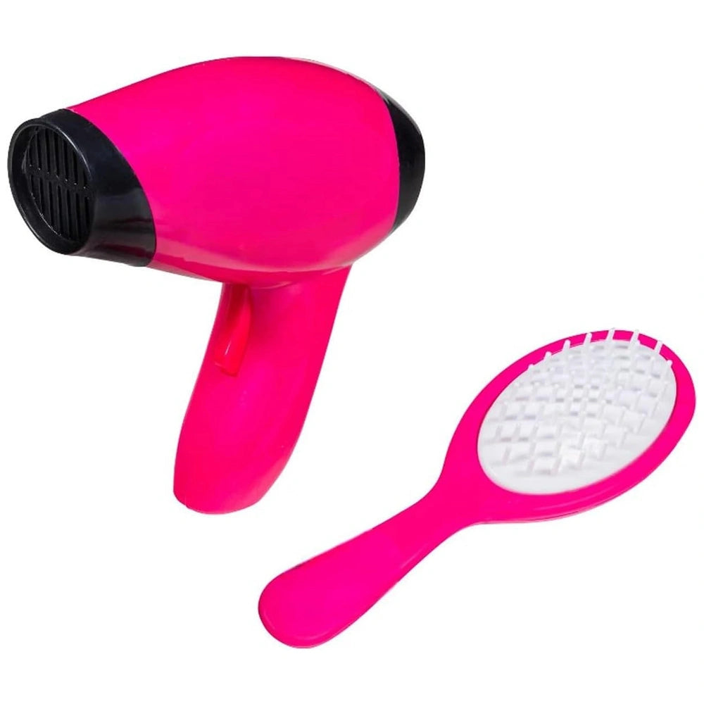 Fatti Bella hair stylist set features a pink hair dryer and brush, both designed for pretend play in hairstyling.