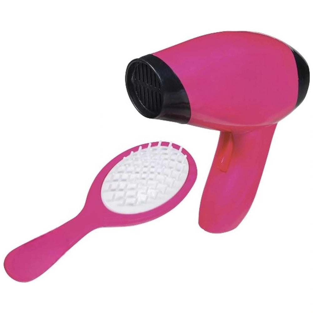 Fatti Bella hair stylist set includes a pink hairdryer with a black nozzle and a pink brush with white bristles on a white ba
