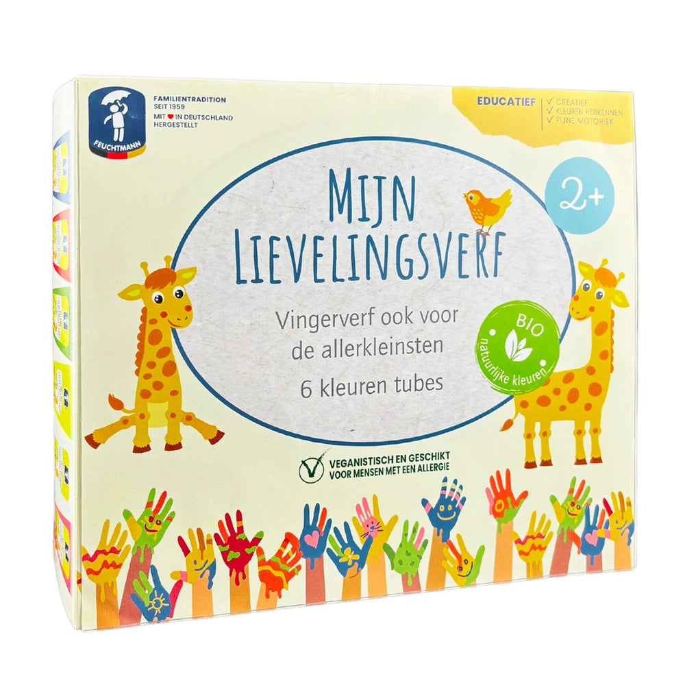 Feuchtmann My Favorite Color pack features 6 colorful tubes, a giraffe design, and eco-friendly materials suitable for kids.