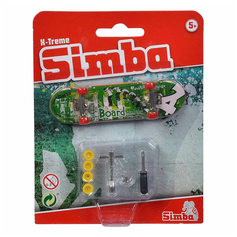Finger Skateboard X-Treme Color with Accessories, featuring a green skateboard, yellow wheels, and playful packaging design.