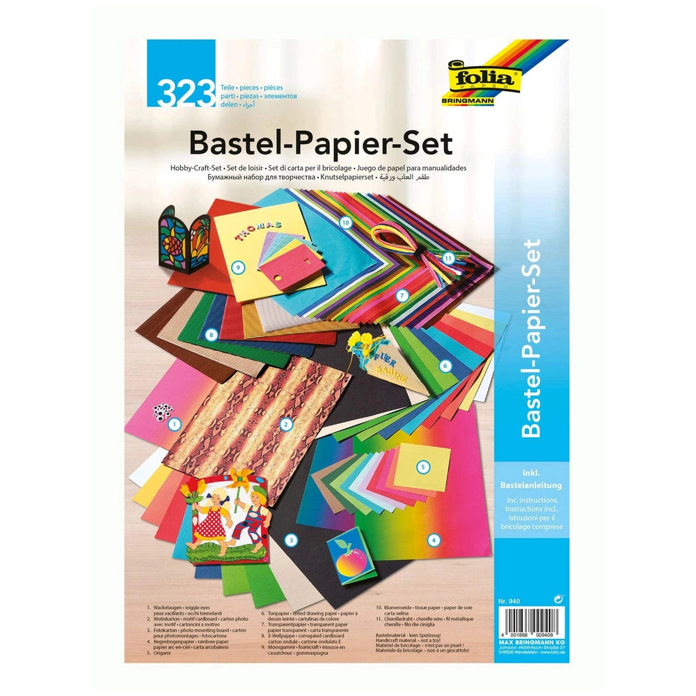 Folia Creative Box features 323 multi-colored paper sheets with various patterns on a blue background and white text.