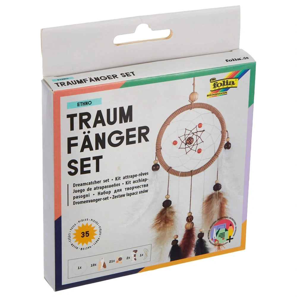 Folia Dreamcatcher Set Ethno features a colorful design, feathers, and a visible dreamcatcher through a window on white cardb