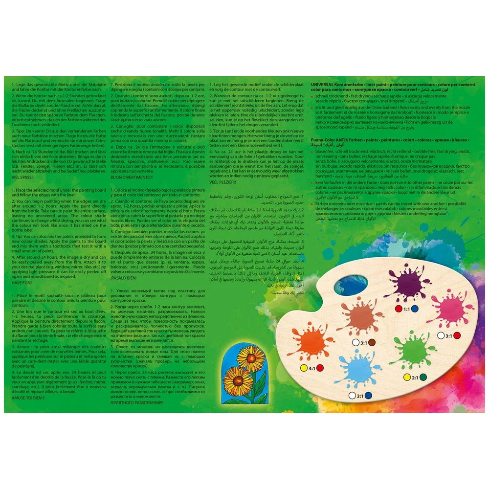 Folia Hobby Set Antik Window Color kit features a colorful paint splatter palette with a sunflower and smooth watercolor back