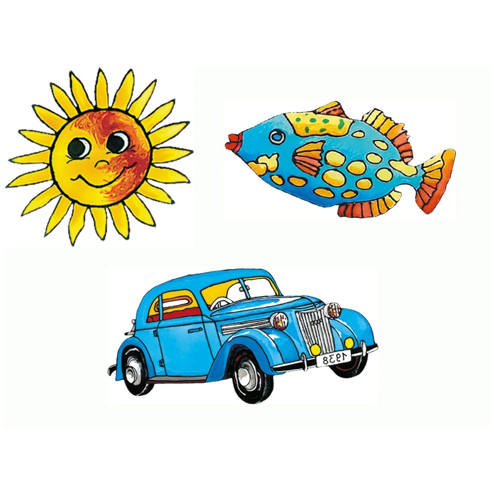 Folia Hobby Set Antik Window Color kit features vibrant yellow and blue designs of a sun, fish, and car on a central layout.