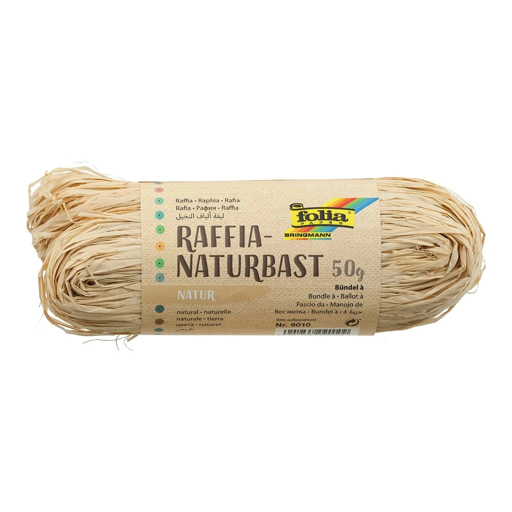 Folia Hobby Set Natural Raffia 50g in matte cardboard packaging with black and yellow text on a white background.