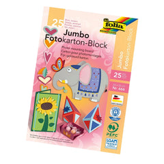 Folia Jumbo Fotokarton Block features colorful patterned sheets, elephant figure, and various illustrations, ideal for arts a