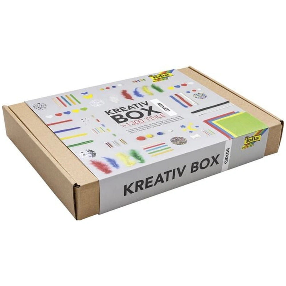 Folia Kreativ Box features a brown cardboard design with a colorful plastic window showcasing various shapes and the text "KR