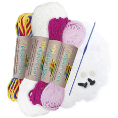 Folia Mini Crochet Kit features four colorful yarn balls wrapped in printed paper, arranged in a circular pattern on a white 