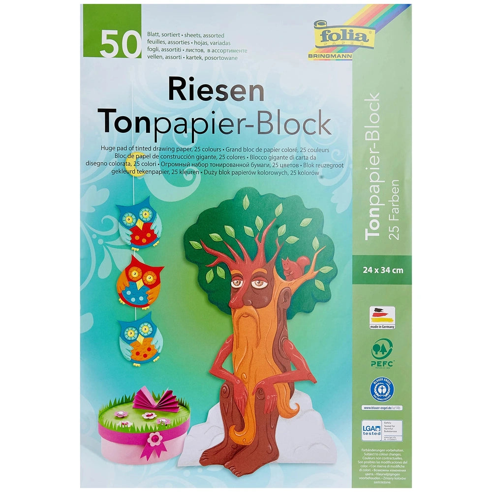 Folia Riesen Tonpapier Block A4 with 50 multi-coloured sheets in retail packaging, featuring light green background and black