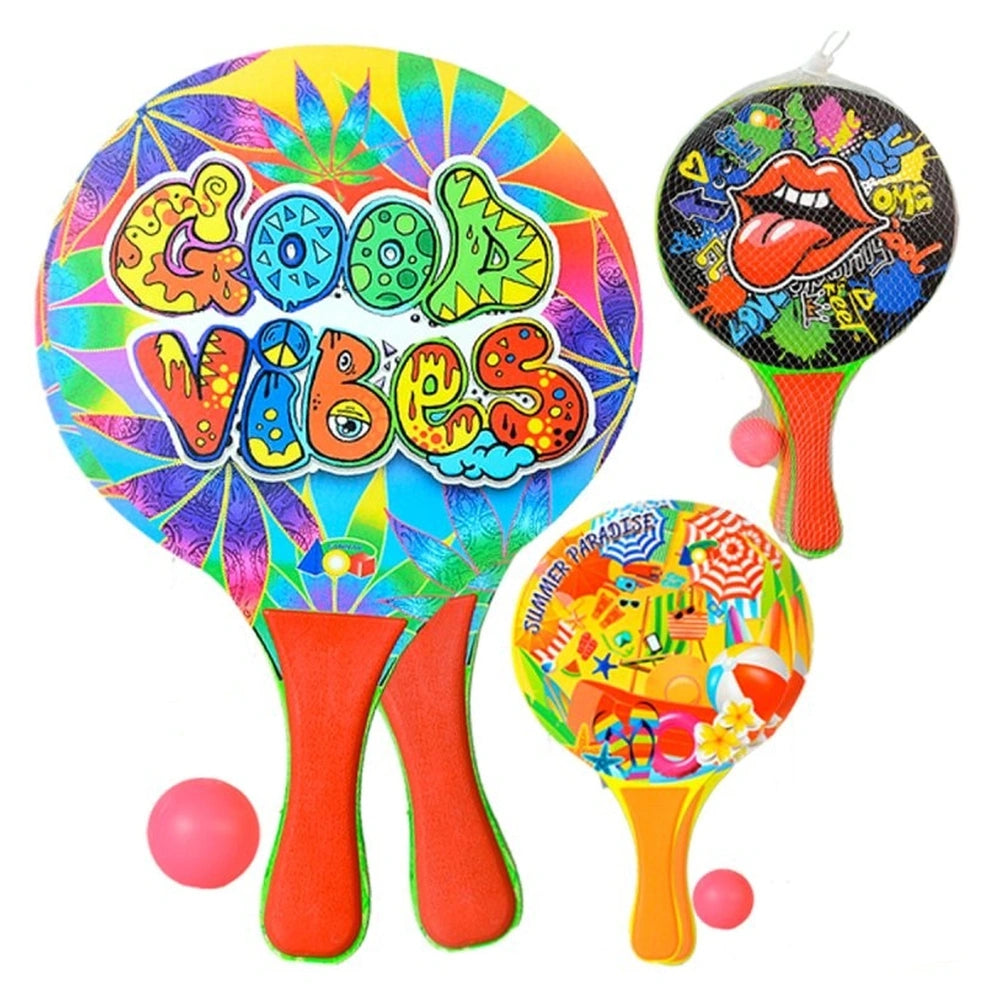 Ginmar Beach Paddle Set features a vibrant paddle with "GOOD VIBES" text and a pink ping pong ball beside it.