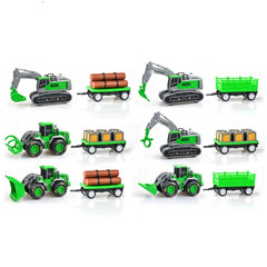 Ginmar construction vehicle playset features six vibrant green tractors with trailers, black tires, and yellow bricks for tra