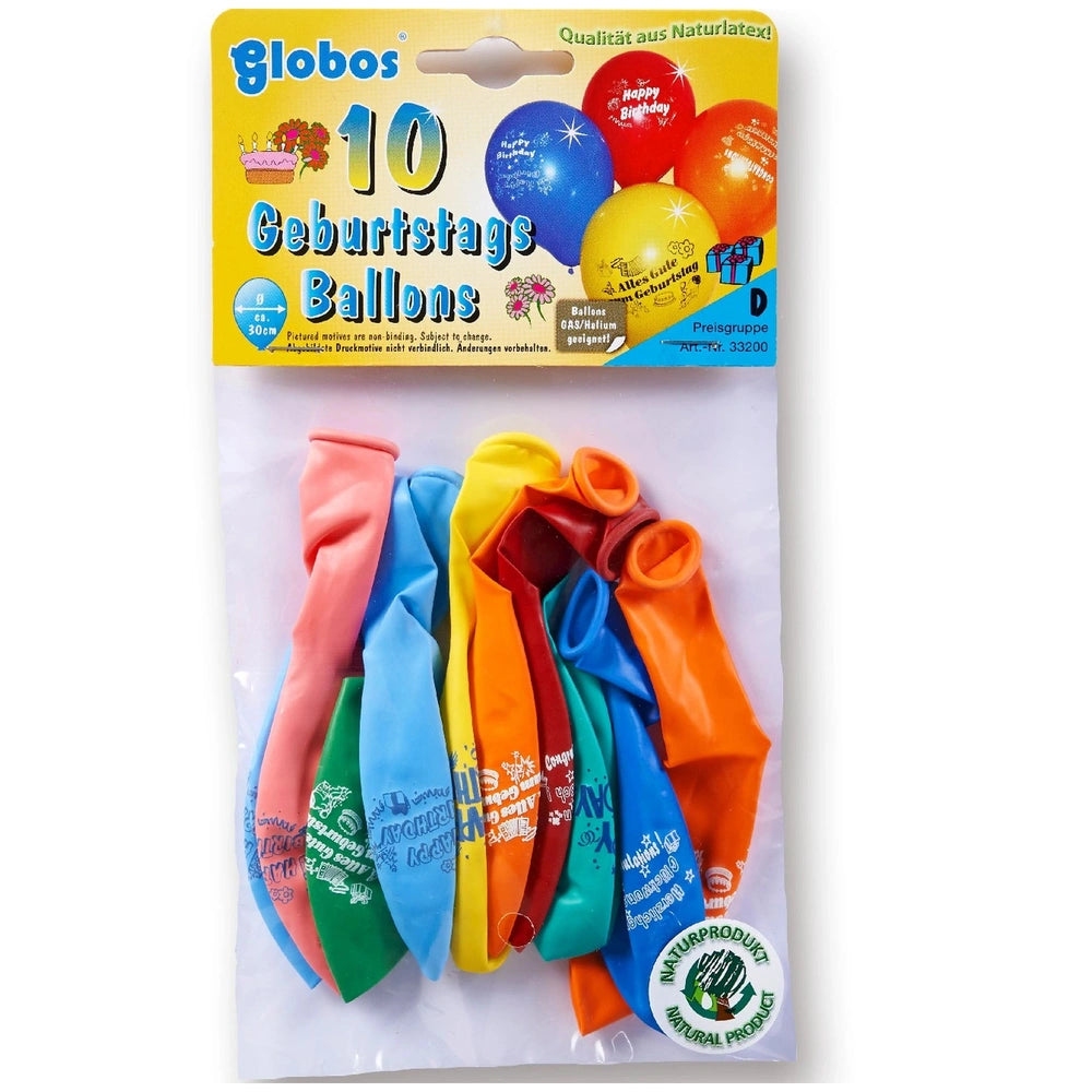 Globo birthday balloons pack of 10 in assorted colors with matte cardboard and glossy plastic packaging, featuring a transpar