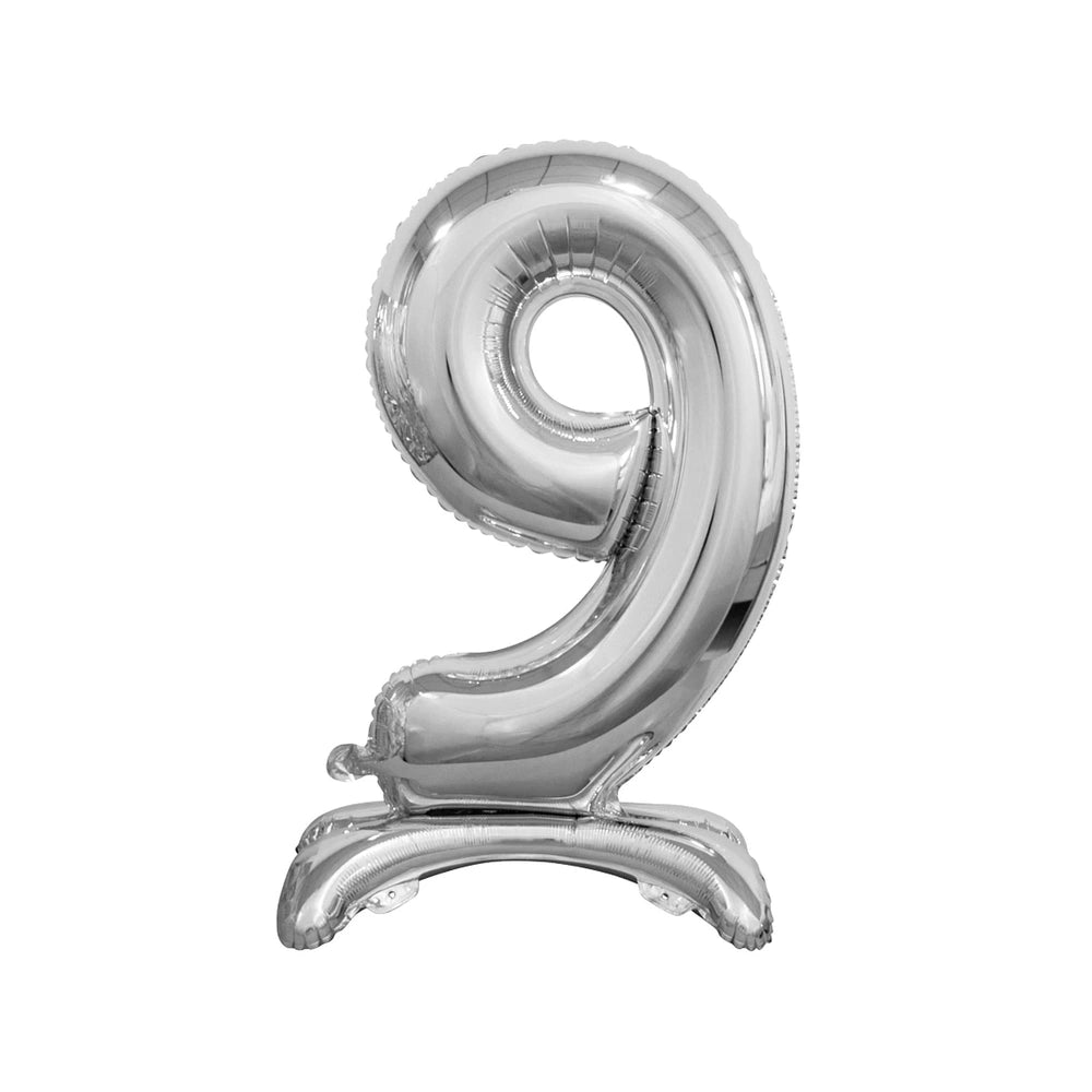 Silver 40 cm standing foil balloon in the shape of the digit 9, perfect for party decorations.