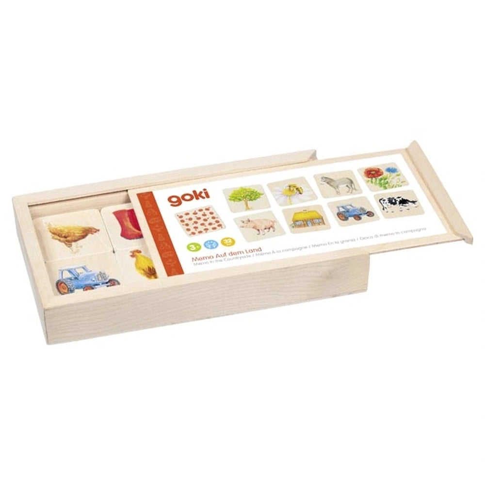 GOKI Memo In the Countryside card game packaging featuring a glossy orange box with a plastic window and animal illustrations