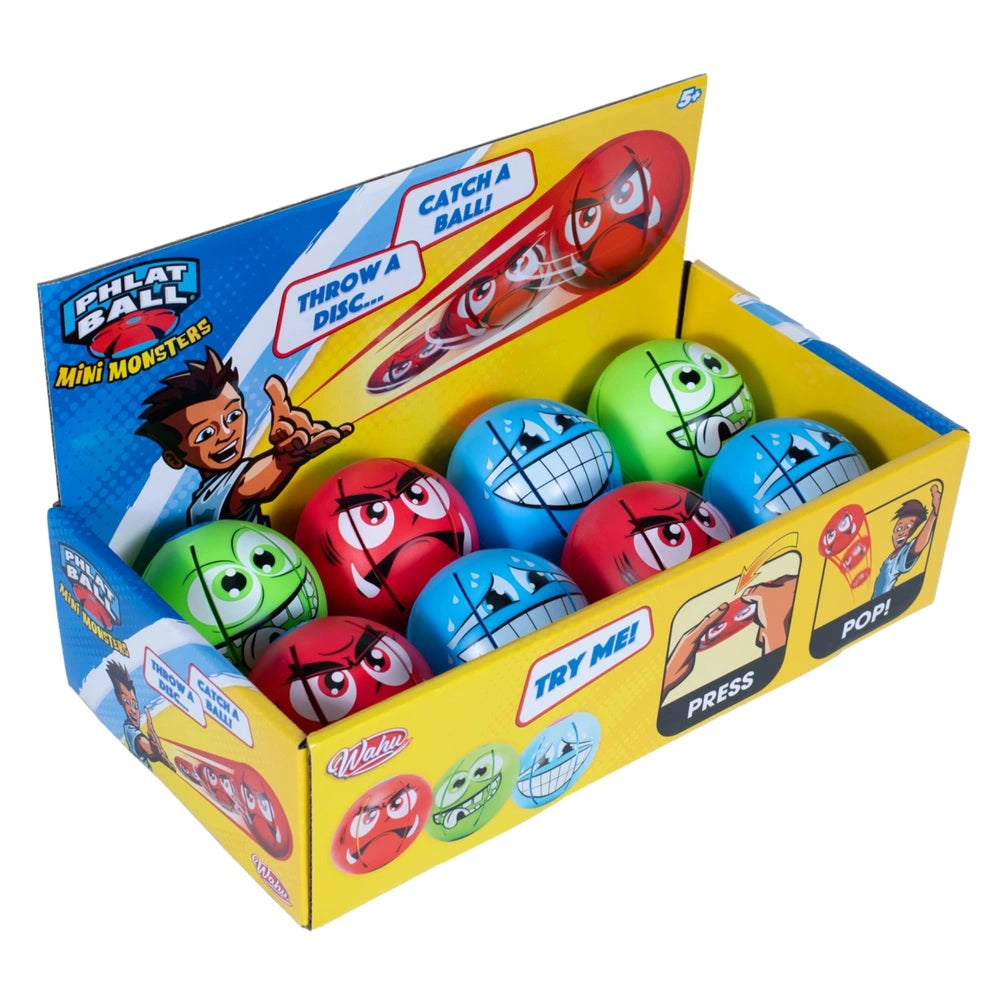 Goliath Wahu Kamuolys Phlat Ball Mini Monsters packaging features six colorful balls with faces, glossy cardboard, and playfu