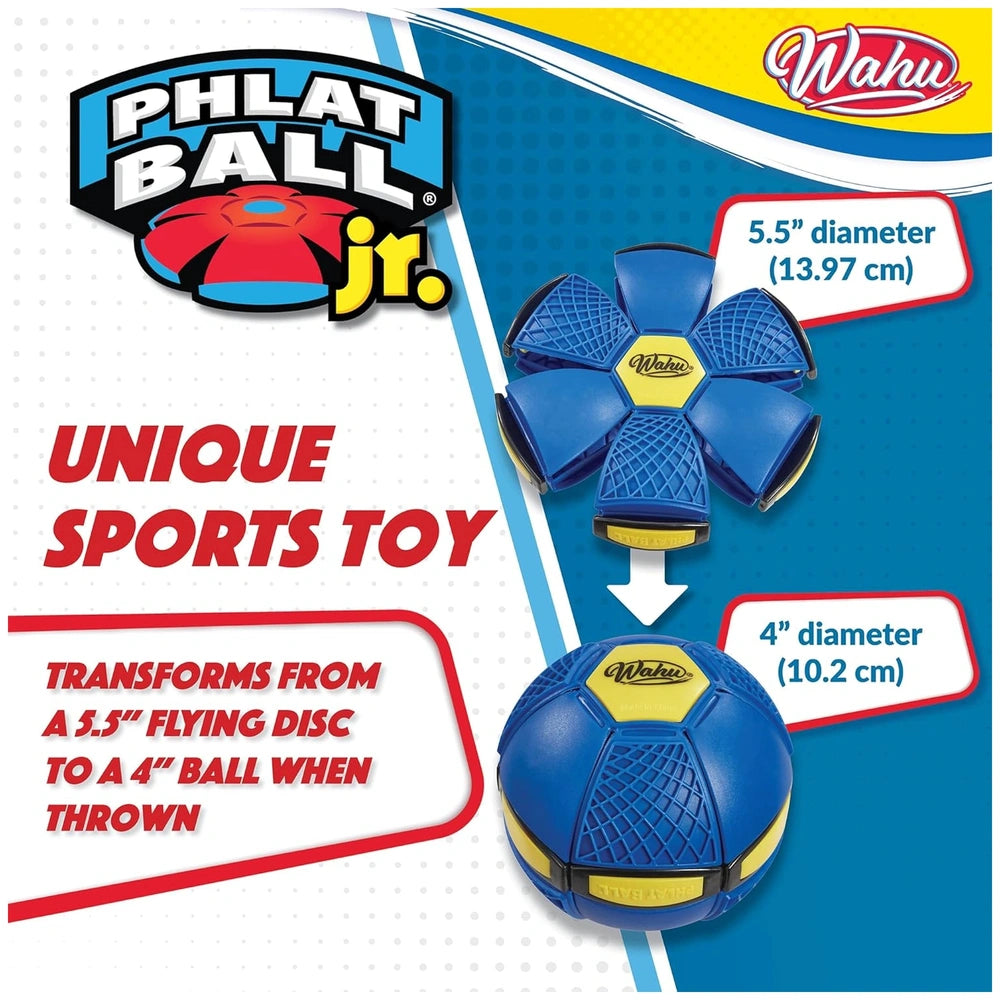 Goliath Wahu Phlat Ball Junior sports toy in blue with yellow and black details, featuring unique sports toy text on blue pac