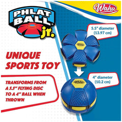 Goliath Wahu Phlat Ball Junior sports toy in blue with yellow and black details, featuring unique sports toy text on blue pac