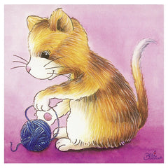 Gollness Baby Animals Cube Puzzle features a gradient-colored cat holding a blue yarn ball on a solid purple or pink backgrou