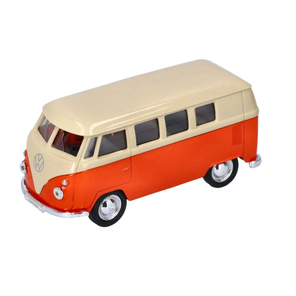 Die-Cast Volkswagen Classic Om 1962 in bright orange and light beige with glossy sides and matte roof, featuring transparent 