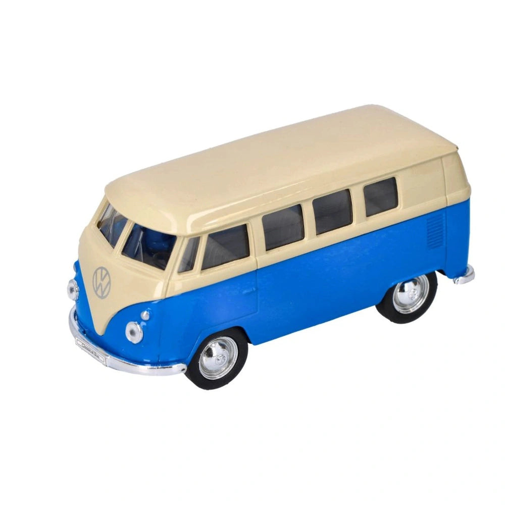 Die-cast Volkswagen Classic Om 1962 toy model with cream body, black wheels, and transparent windows, featuring a Volkswagen 