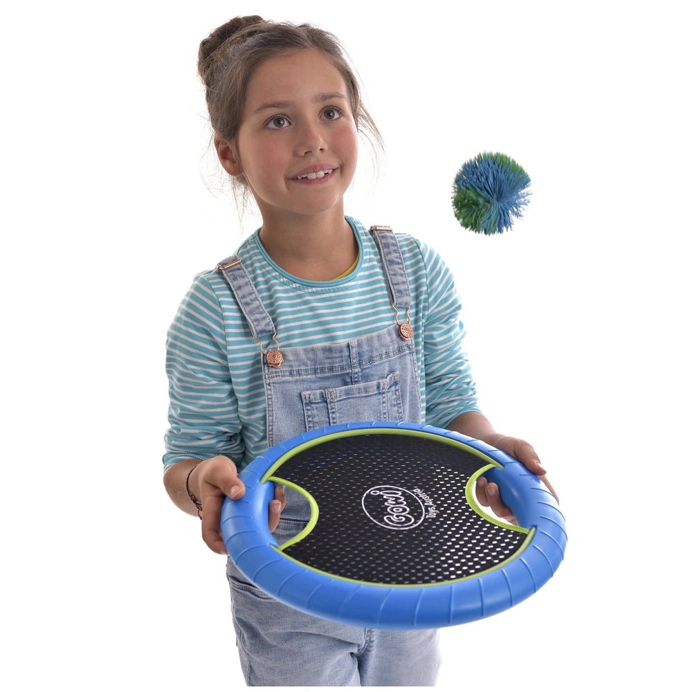 Gowi Active Hand Trampoline Game with two balls, featuring a smiling girl in denim holding a black and green frisbee.