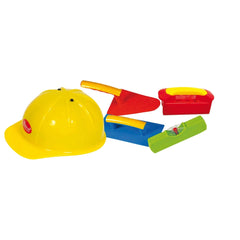Gowi design bricklaying set featuring a yellow helmet and red, blue, and green shovels arranged in a playful layout.