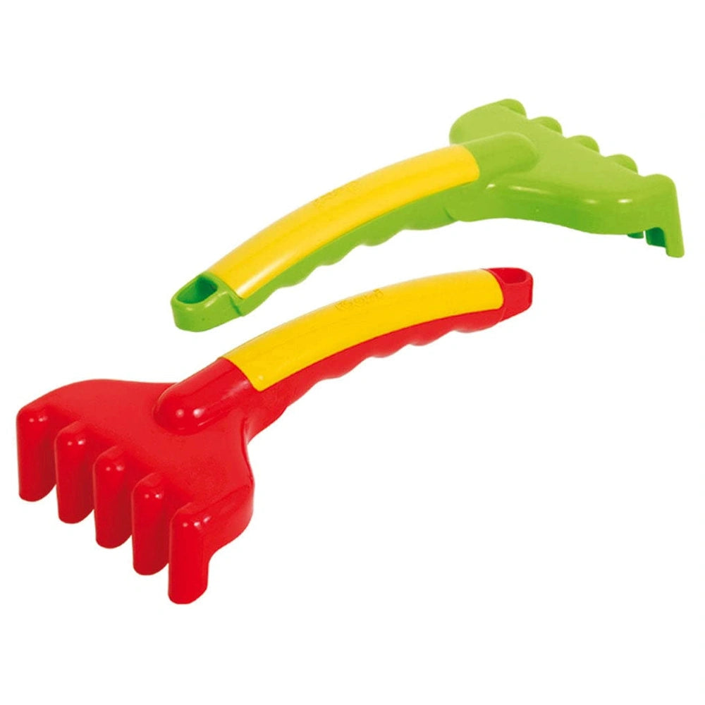 Gowi design rake in red and yellow plastic with a green handle, featuring two handles and teeth-like structures for beach pla