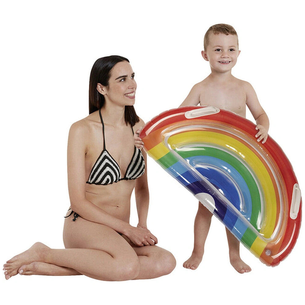 Happy People Air Mattress in a lifestyle scene featuring a woman in a bikini and a smiling child with a colorful inflatable r