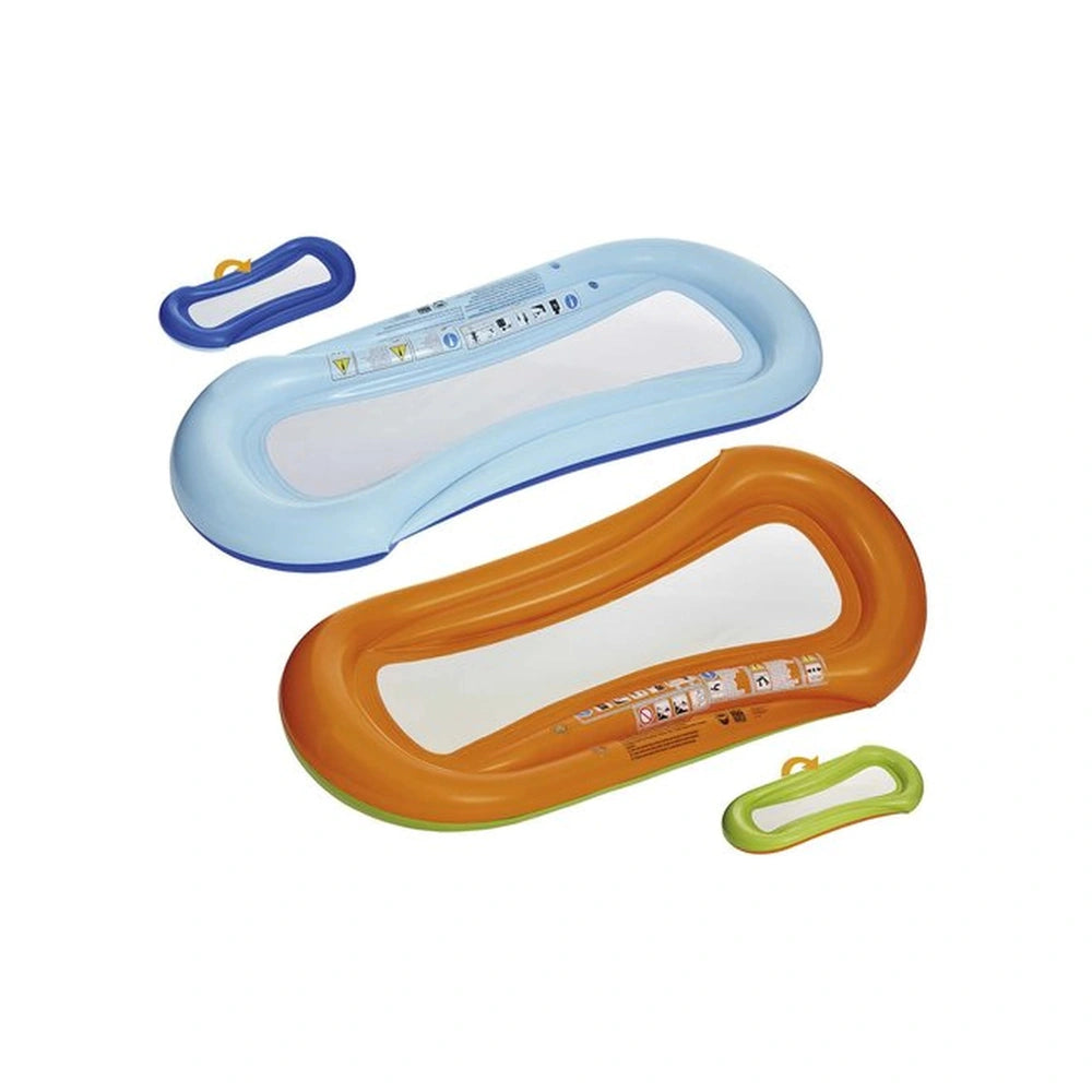 Happy People Air Mattress in rainbow design with blue and orange plastic, featuring 2 floatation devices, straps, and buckle.