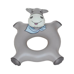 Happy People Emil The Donkey Swim Ring in soft gray plastic with a smiling face and blue scarf, featuring a central opening.