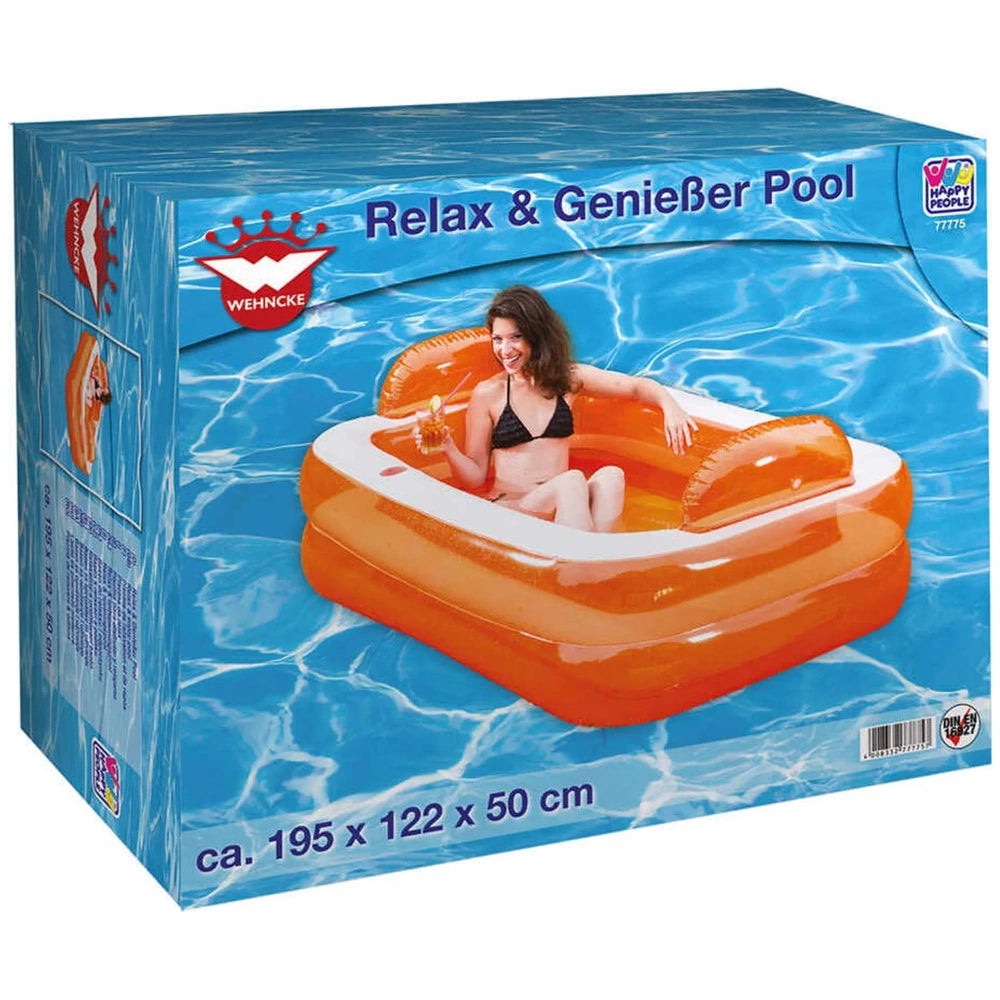 Happy People pool float packaging featuring a woman in an orange and black bikini on a blue background.