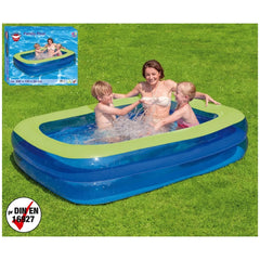 Happy People inflatable pool, blue with metal frame, surrounded by grass and three people enjoying the water.