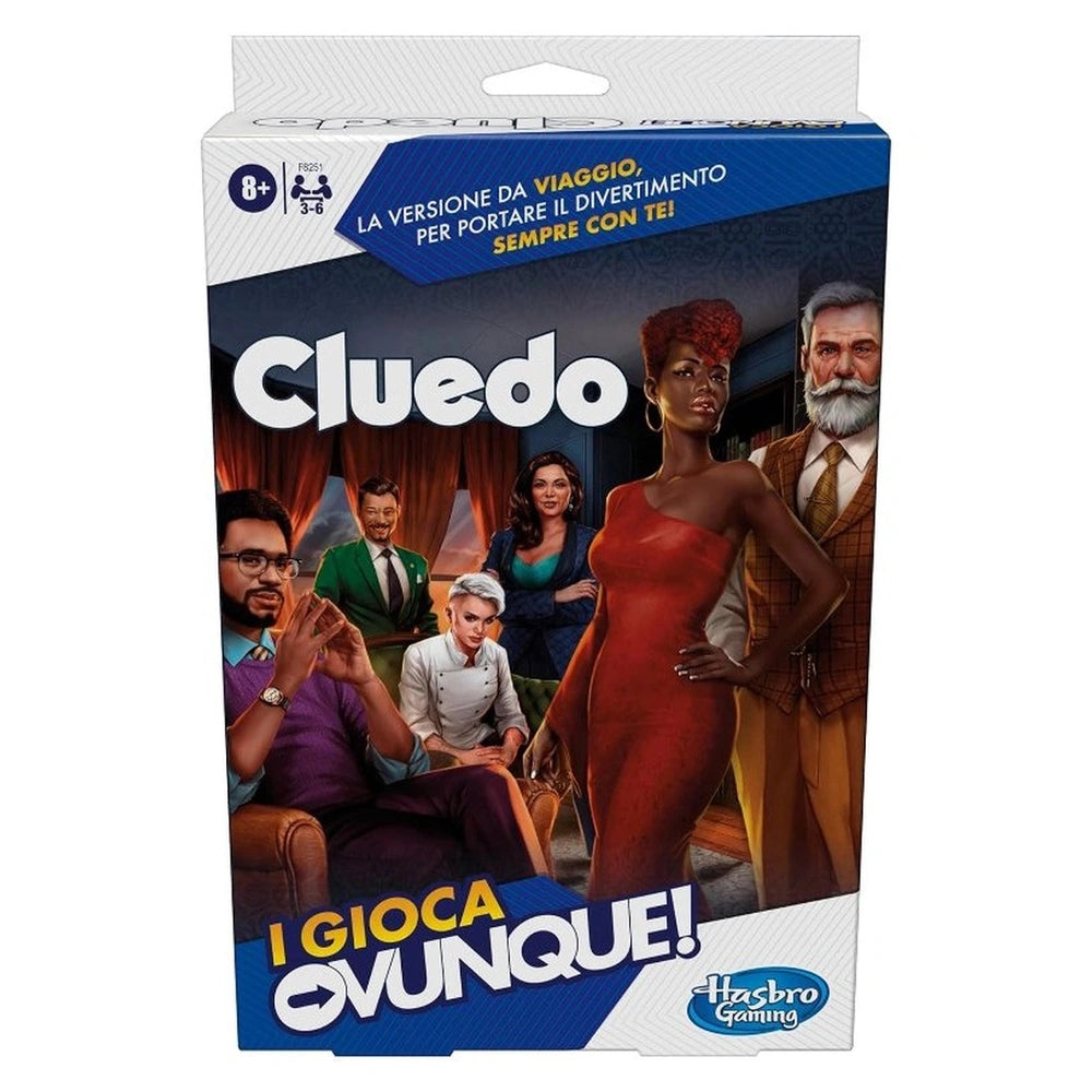 Cluedo Travel board game packaging features illustrated characters, glossy cardboard, and text, set against a blue and white 