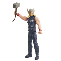 Marvel Avengers Titan Hero Thor action figure, 30cm tall, in blue costume with gray hammer, red accessories, and gold beard.