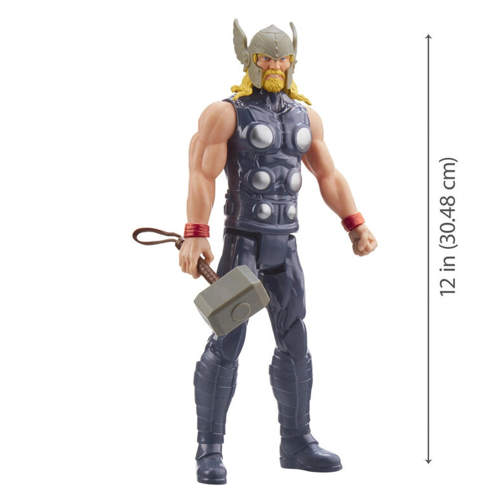 Marvel Avengers Titan Hero Thor Deluxe 30cm action figure with blue costume, silver armor, blonde hair, and red belt holding 