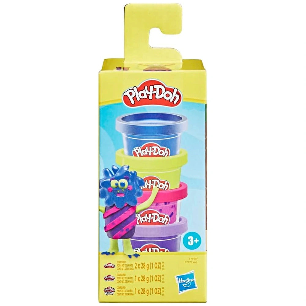 Hasbro Monster Mini Color 4 Pack features four color-coded Play-Doh containers in yellow, blue, pink, green, and purple lids.