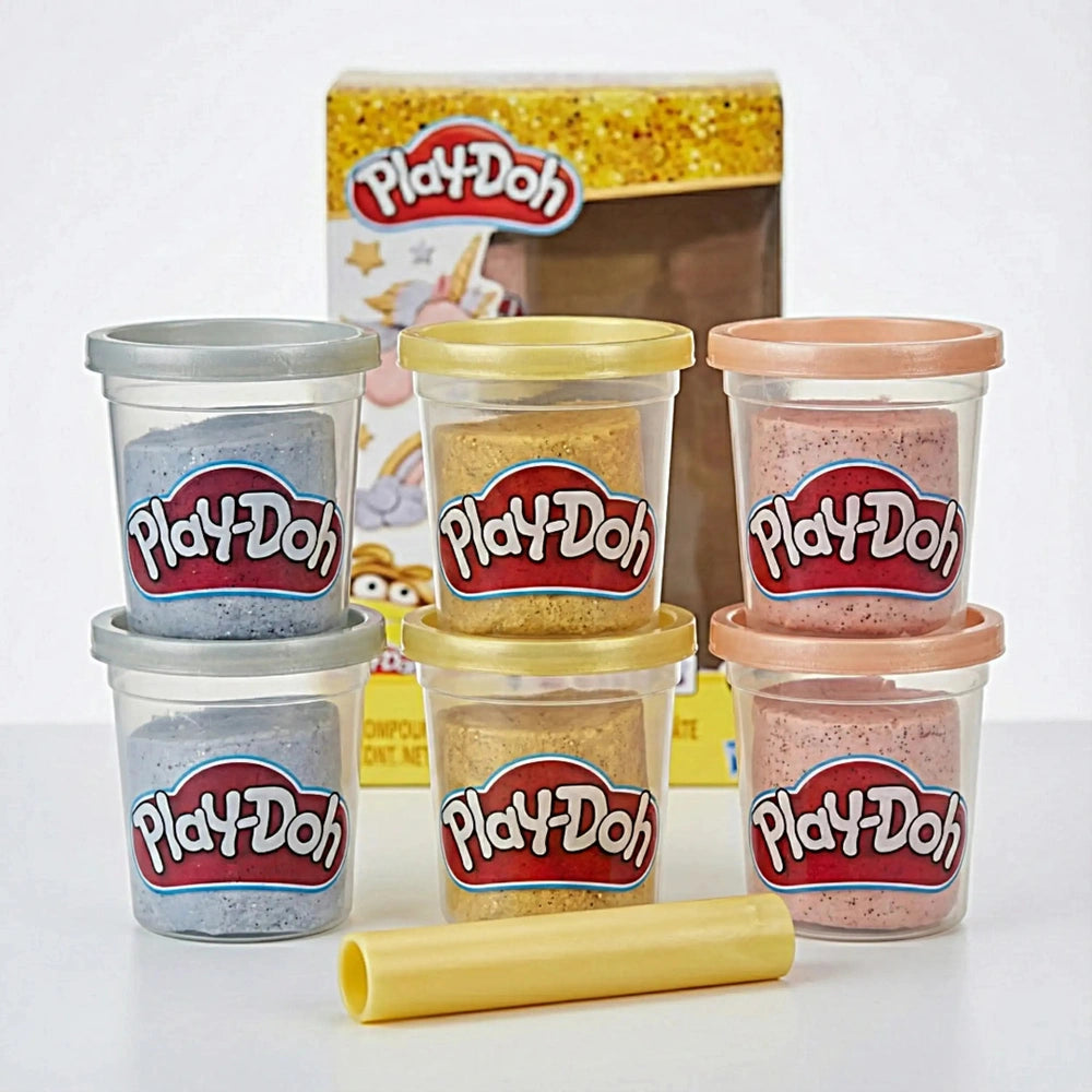 Play-Doh Metallics Compound Collection features three colorful plastic containers in red, yellow, and pink on a white surface