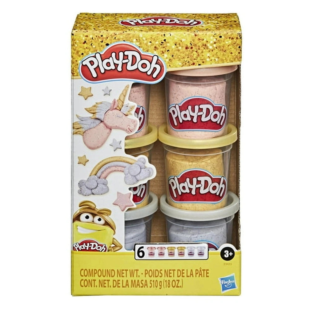 Play-Doh Metallics Compound Collection packaging features four colorful containers stacked, with a yellow background and red-