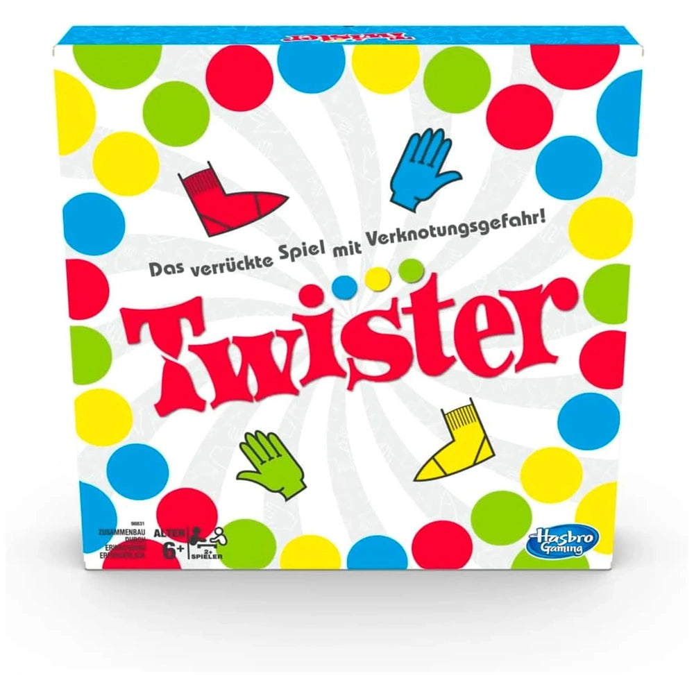 Hasbro Twister Game German Edition packaging features multicolored circles, bold red "TWISTER," and four hands holding object