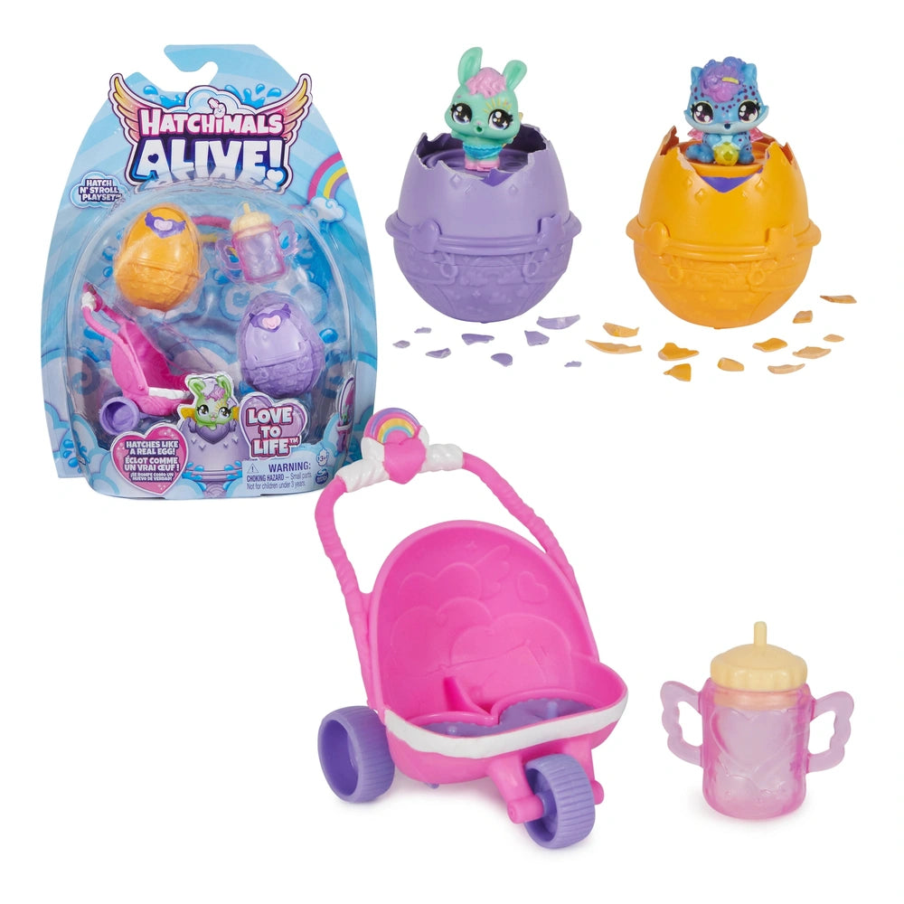 Hatchimals Alive Hatch N’ Stroll Playset features a pink stroller, colorful eggs, and mini figures, all set against a white b