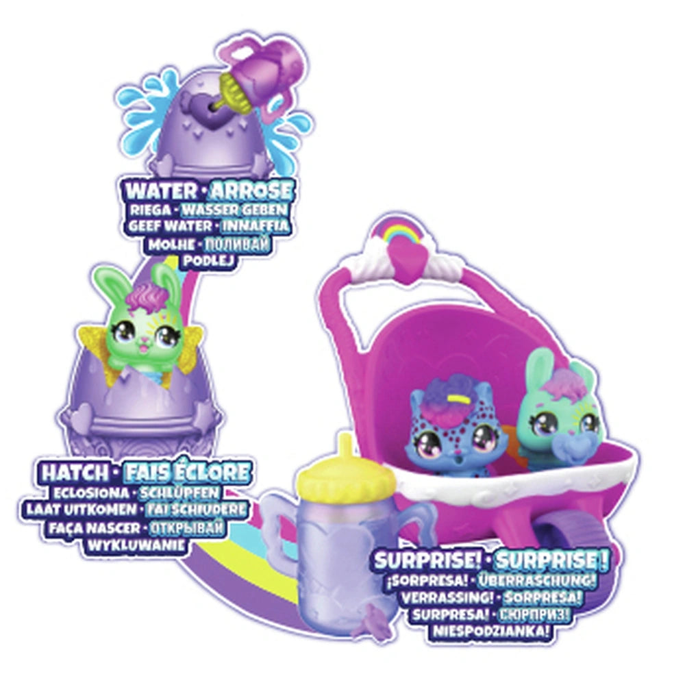 Hatchimals Alive Hatch N’ Stroll Playset features vibrant toys, including mini figures and colorful watering cans in a playfu