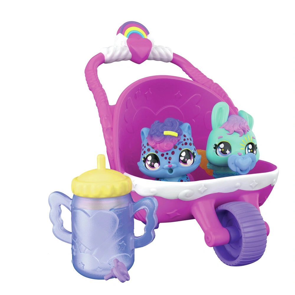 Hatchimals Alive Hatch N’ Stroll Playset features a pink and purple toy car with two figures inside and a yellow lid on the b