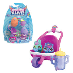 Hatchimals Alive Hatch N’ Stroll Playset features a pink stroller with a purple canopy and two cartoon animal figures inside.