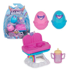 Hatchimals Alive playset featuring a highchair, table, and colorful mini figures arranged in a vibrant child's play area.