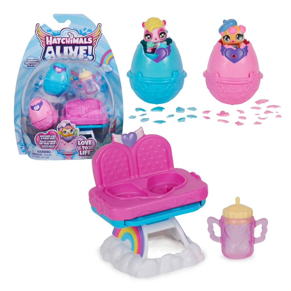 Hatchimals Alive Hungry Hatchimals Playset features colorful egg-shaped toys with cute animal characters and accessories.