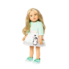 Heless Dress Penguin Dotty doll features long blonde hair, a white dress with green patterns, and green shoes with white sole